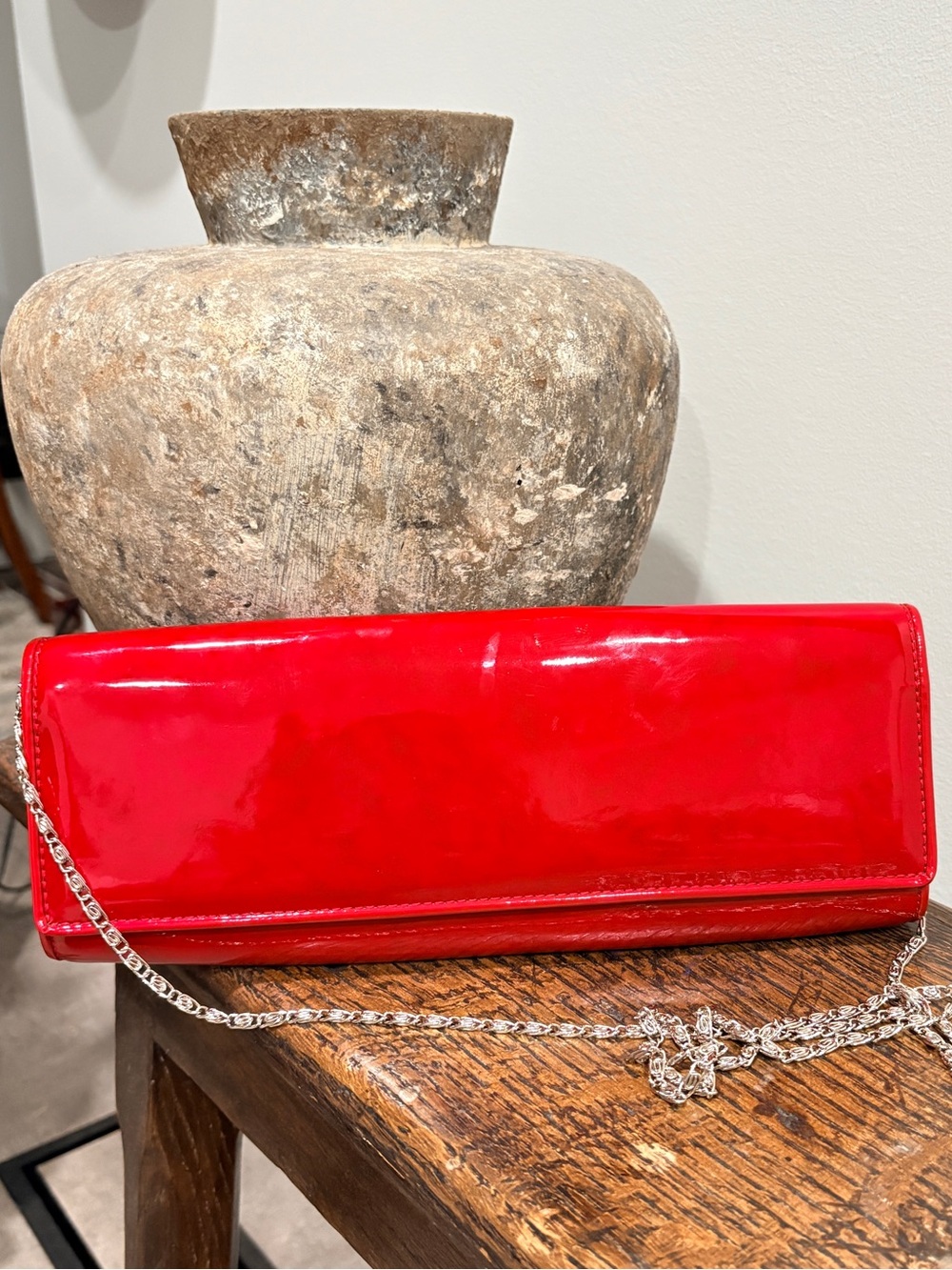 ALDO Red Patent Leather Evening Envelope Clutch Bag Detachable Silver Chain OS